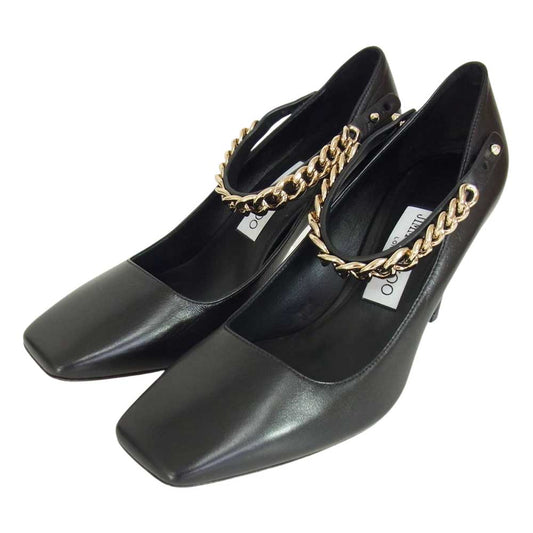 JIMMY CHOO ジミーチュウ MALVA 85 NAPPA W/CHAIN STRAP Suede Pumps ナッパ チェーン ストラップ スエード パンプス ブラック系 37【極上美品】【中古】