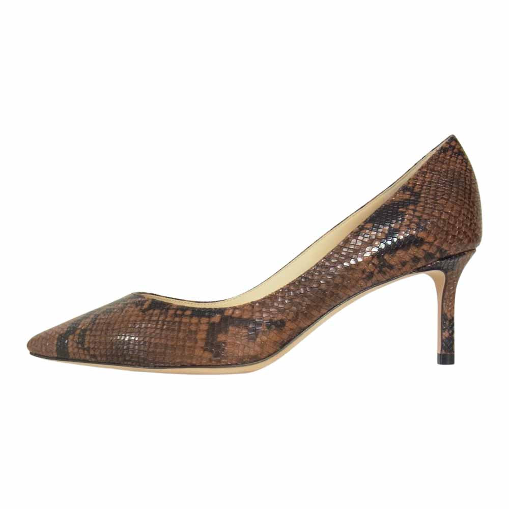 JIMMY CHOO ジミーチュウ ROMY 60 Snake Printed Leather Pumps スネーク プリント レザー パンプス ブラウン系 37【極上美品】【中古】