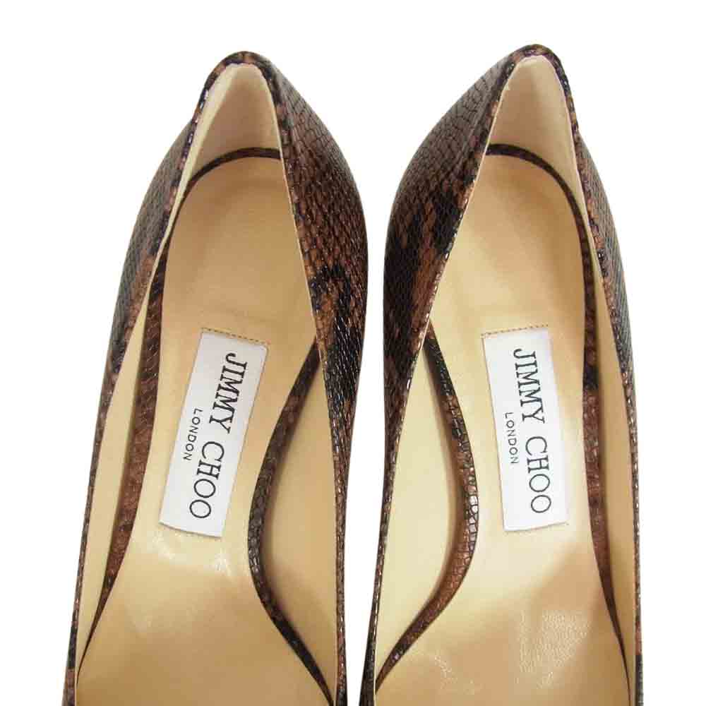 JIMMY CHOO ジミーチュウ ROMY 60 Snake Printed Leather Pumps スネーク プリント レザー パンプス ブラウン系 37【極上美品】【中古】