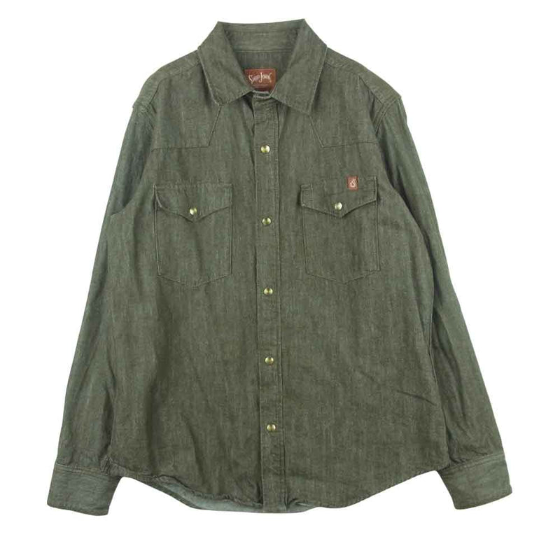 シップジョン Townes Western Shirt Denim グリーン デニム ウエスタン 長袖 シャツ グレイッシュカーキ系 L【中古】