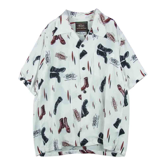 WESCO ウエスコ SS38217CY 100周年記念 × Sun Surf サンサーフ ブーツ 総柄 半袖 レーヨン オープンカラー アロハ シャツ ホワイト系 M 15-15.5【中古】