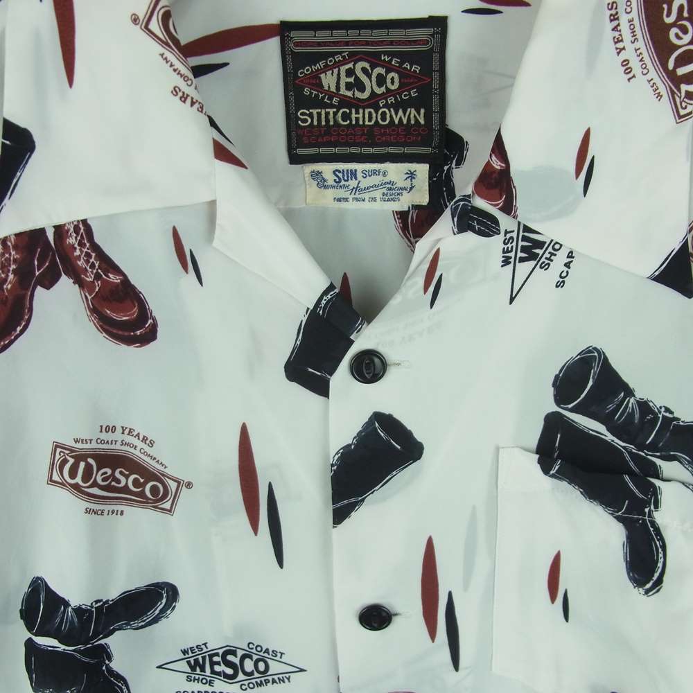 WESCO ウエスコ SS38217CY 100周年記念 × Sun Surf サンサーフ ブーツ 総柄 半袖 レーヨン オープンカラー アロハ シャツ ホワイト系 M 15-15.5【中古】