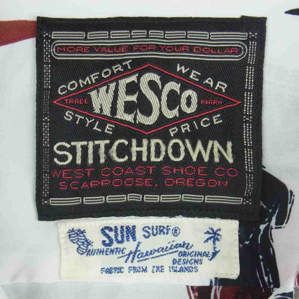 WESCO ウエスコ SS38217CY 100周年記念 × Sun Surf サンサーフ ブーツ 総柄 半袖 レーヨン オープンカラー アロハ シャツ ホワイト系 M 15-15.5【中古】