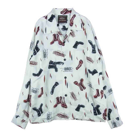 WESCO ウエスコ SS28216CY 100周年記念 × Sun Surf サンサーフ ブーツ 総柄 長袖 レーヨン オープンカラー シャツ ホワイト系 L 16-16.5【中古】