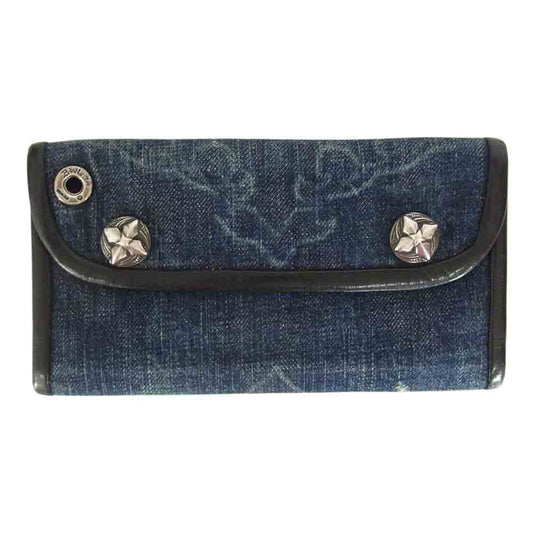 BILL WALL LEATHER ビルウォールレザー イニシャルクラウン デニム レザー ロングウォレット 三つ折り 長財布 インディゴブルー系【中古】