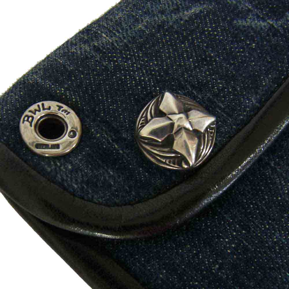BILL WALL LEATHER ビルウォールレザー イニシャルクラウン デニム レザー ロングウォレット 三つ折り 長財布 インディゴブルー系【中古】