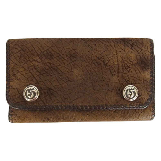 GABOR ガボール inc USA スカルTバー ヒポレザー カバ革 ロングウォレット 三つ折り 長財布 ブラウン系【中古】