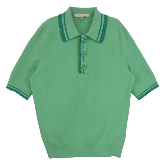 MARC JACOBS マークジェイコブス フラワーコサージュボタン  半袖 ニット ポロシャツ ライトグリーン系 XS【中古】