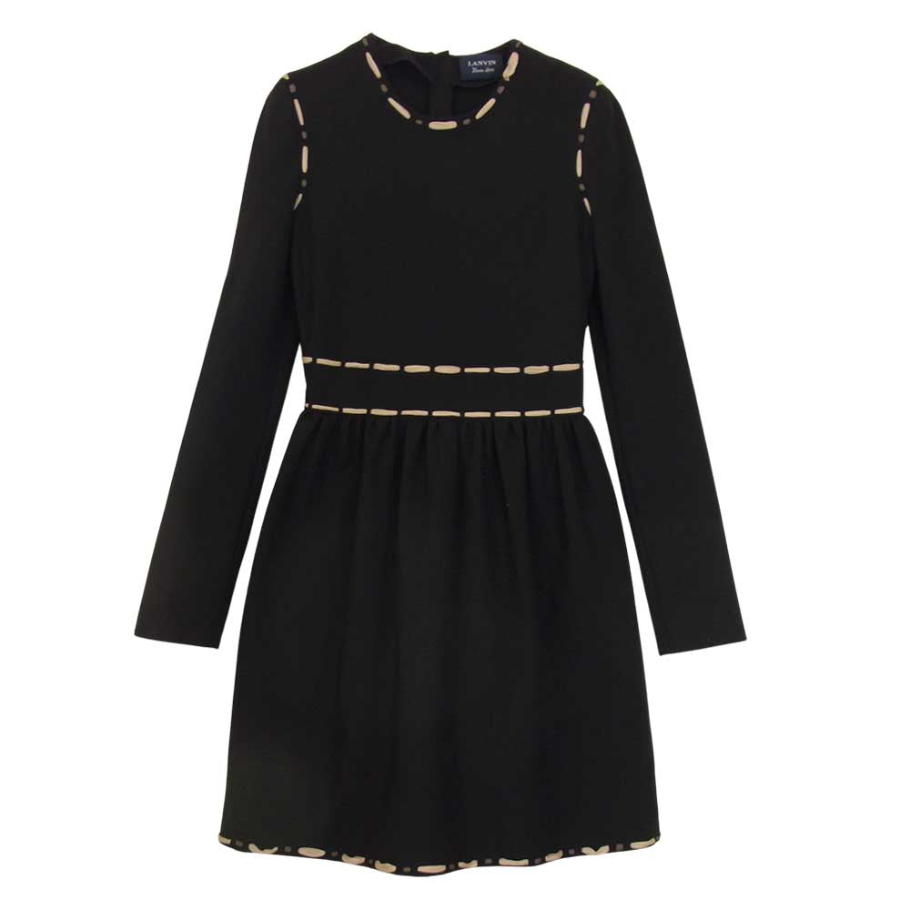LANVIN ランバン DR2034 2785 国内正規品 フランス製 シルク混 ステッチ フレア ワンピース 長袖 ブラック系 36【中古】