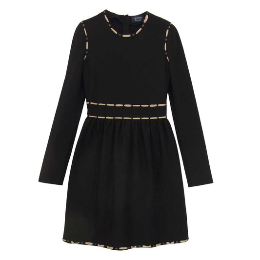 LANVIN ランバン DR2034 2785 国内正規品 フランス製 シルク混 ステッチ フレア ワンピース 長袖 ブラック系 36【中古】