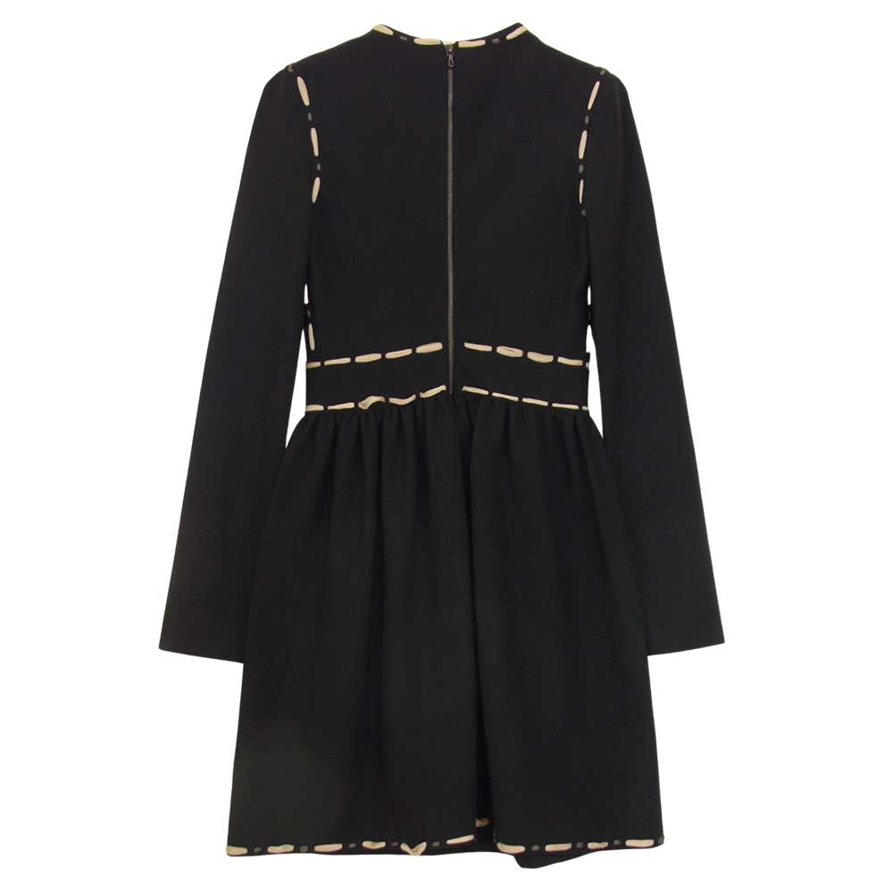 LANVIN ランバン DR2034 2785 国内正規品 フランス製 シルク混 ステッチ フレア ワンピース 長袖 ブラック系 36【中古】