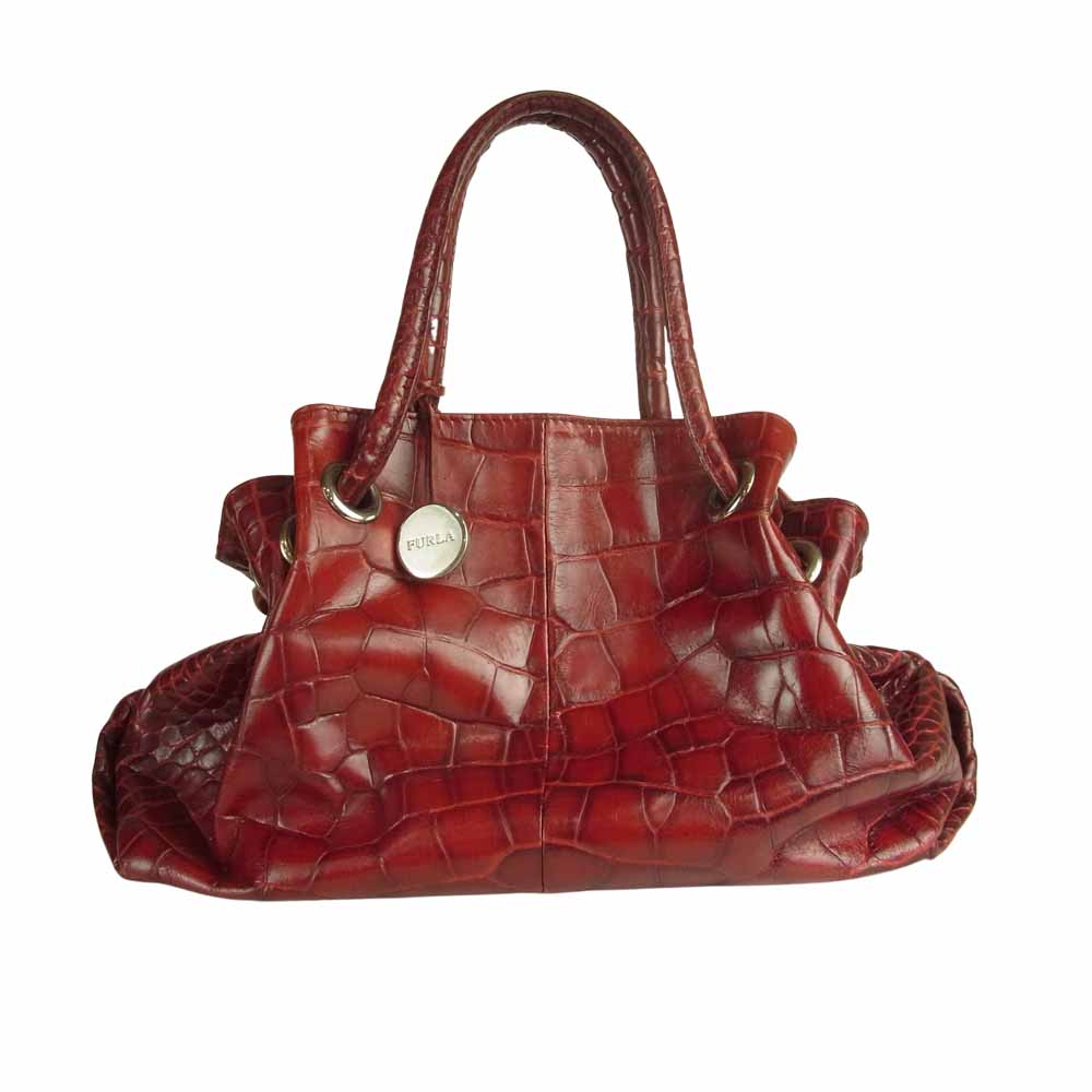 Furla フルラ クロコ型押し レザー トートバッグ レッド系【中古】
