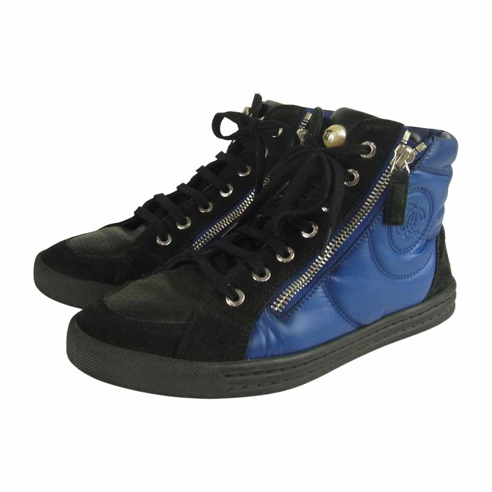 CHANEL シャネル IG29918 ハイカット ジップ スエード スニーカー ネイビー系 37【中古】