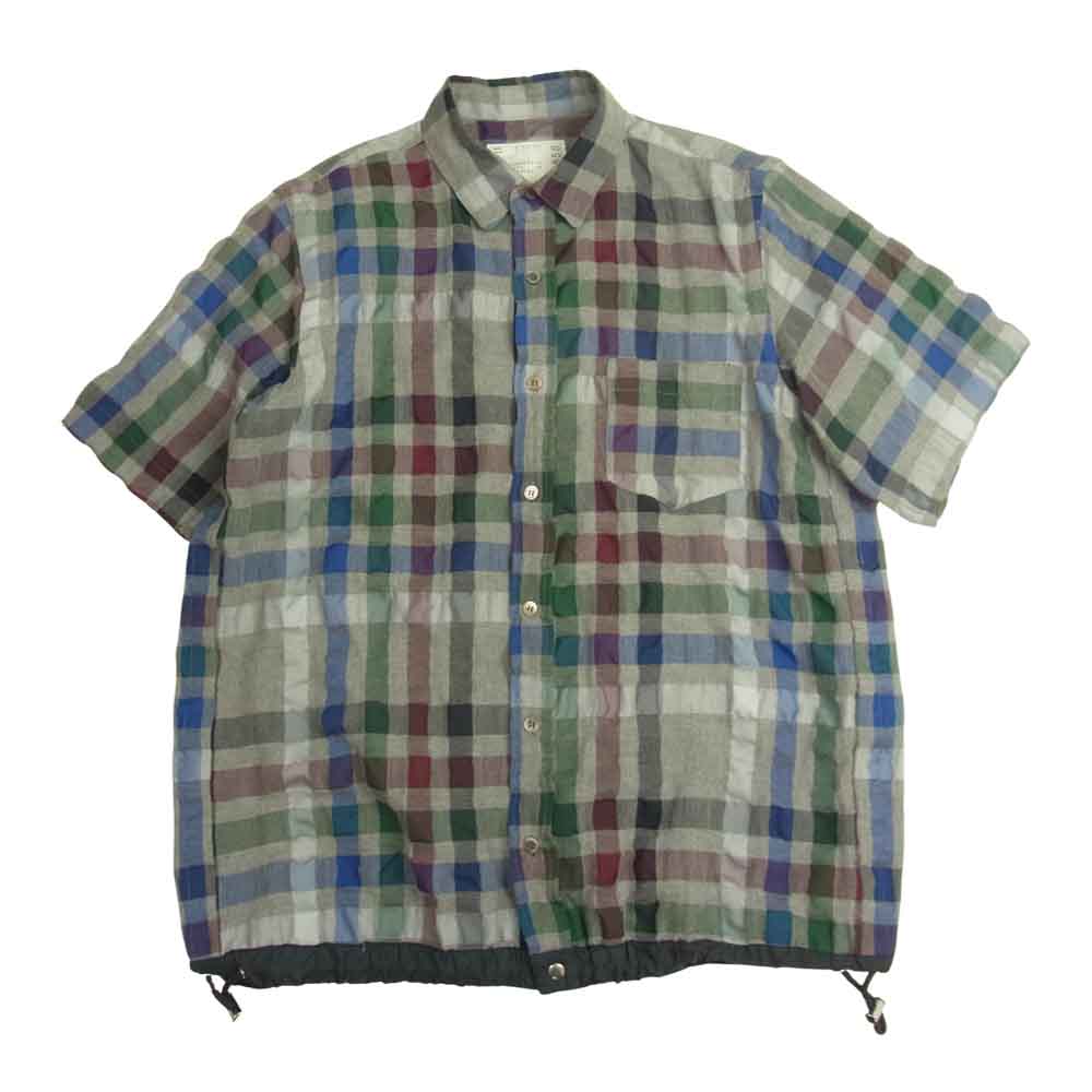 Sacai サカイ 18SS 18-01558M 製品洗い加工 シワ加工 チェック ドローコード 半袖シャツ グレー系 3【中古】
