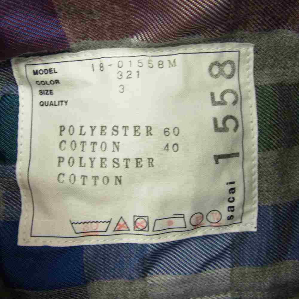 Sacai サカイ 18SS 18-01558M 製品洗い加工 シワ加工 チェック ドローコード 半袖シャツ グレー系 3【中古】