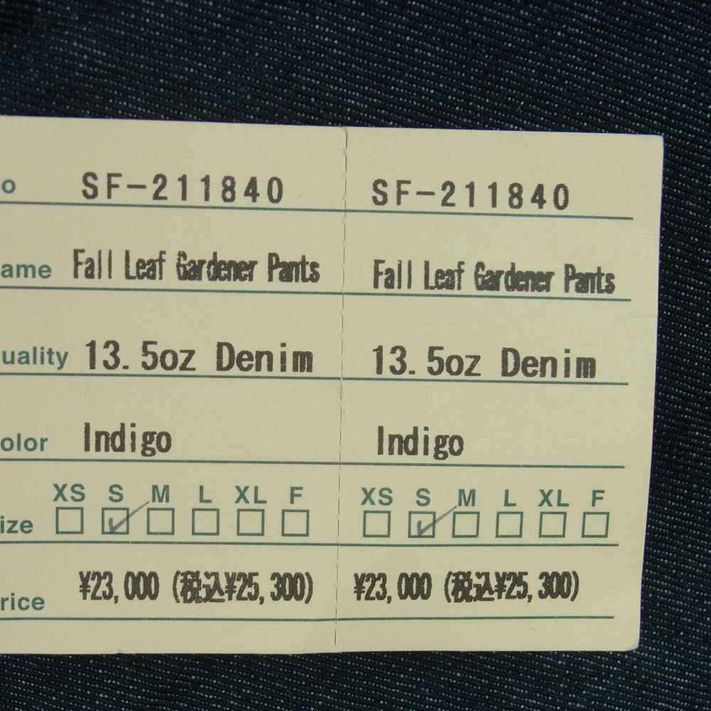 SASAFRAS ササフラス SF-211840 FALL Leaf Gardener Pants 13.5oz denim フォール リーフ ガーデナー デニム パンツ インディゴブルー系 S【新古品】【未使用】【中古】