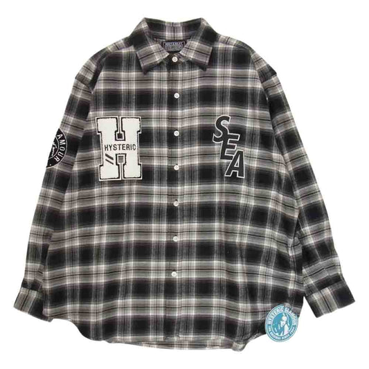 HYSTERIC GLAMOUR ヒステリックグラマー × WIND AND SEA ウィンダンシー WDS-HYS-3-04 CHECK SHIRT ロゴワッペン 長袖 チェック シャツ グレー系 ブラック系 S【新古品】【未使用】【中古】