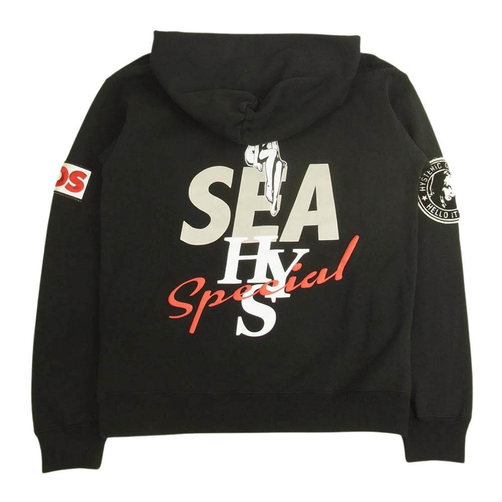 HYSTERIC GLAMOUR ヒステリックグラマー × WIND AND SEA ウィンダンシー 20AW WDS-HYS-2-02 HOODIE ロゴ刺繍 ワッペン プルオーバー パーカー フーディ ブラック系 S【中古】