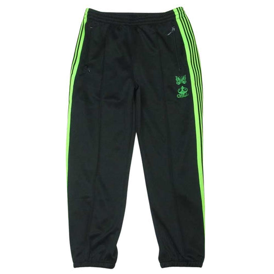 Needles ニードルス END OF THE WORLD エンドオブザワールド セカイノオワリ KP986 ZIPPED TRACK PANTS ロゴ刺繍 ライン トラック パンツ ジャージ ブラック系 ライトグリーン系 S【極上美品】【中古】
