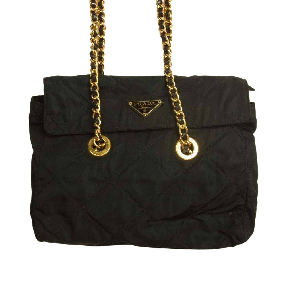 PRADA プラダ ナイロン キルティング チェーン ショルダーバッグ ゴールド金具 ブラック系【中古】