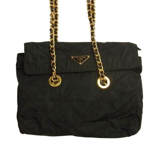 PRADA プラダ ナイロン キルティング チェーン ショルダーバッグ ゴールド金具 ブラック系【中古】