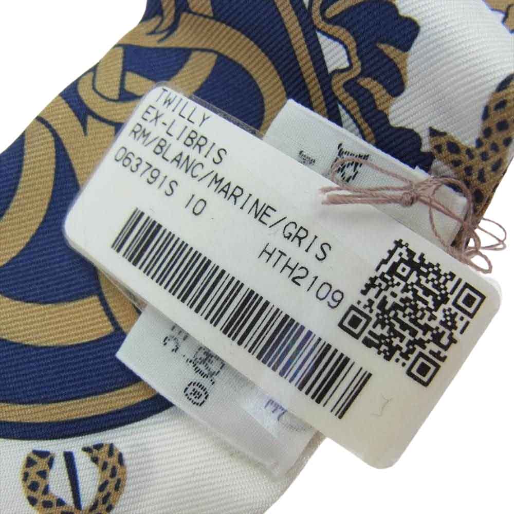 HERMES エルメス 063791S シルク100% EX-Libris エクスリブリス TWILLY ツイリー スカーフ ホワイト系 ネイビー系【新古品】【未使用】【中古】
