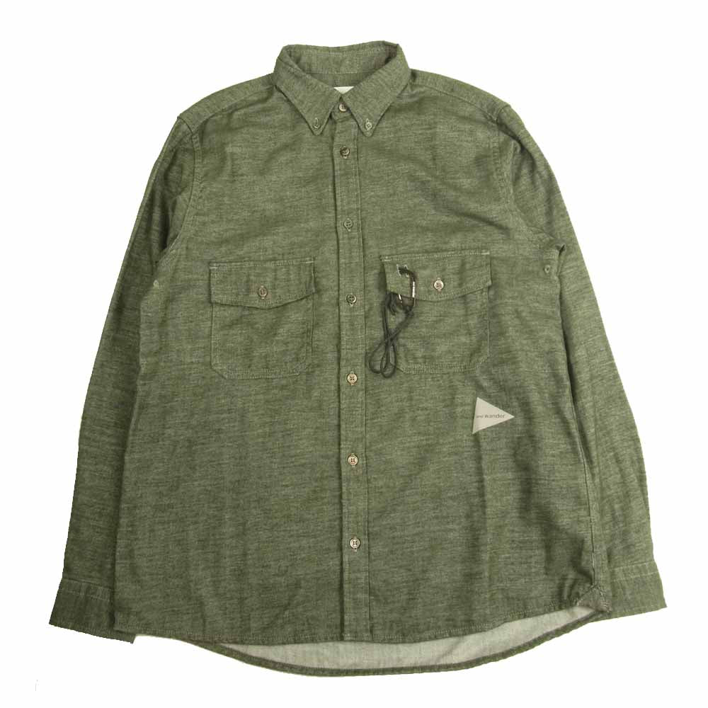 and wander アンドワンダー AW83-FT017 thermo nell shirts サーモライト ネル シャツ グリーン系 3【美品】【中古】