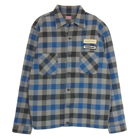 TENDERLOIN テンダーロイン 05AW T-20RG UNEMPLOYED ヘビーネル ワッペン チェック シャツ ライトブルー系 グレー系 L【中古】