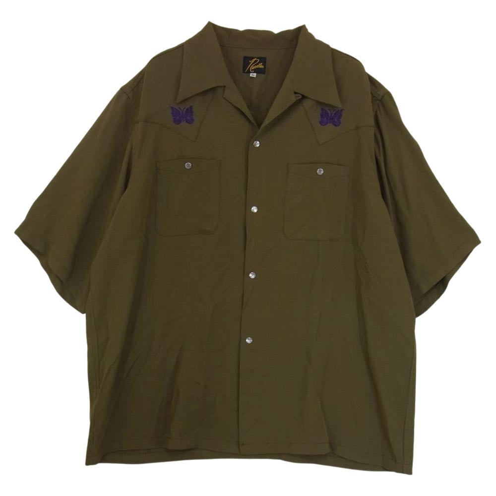Needles ニードルス KP383 S/S COWBOY ONE-UP SHIRT R/PE Twill カウボーイ ワンナップ パピヨン刺繍 半袖シャツ カーキ系 XL【中古】