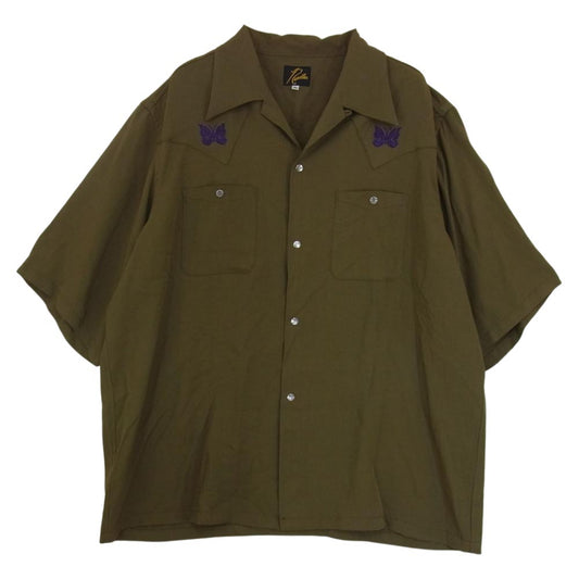 Needles ニードルス KP383 S/S COWBOY ONE-UP SHIRT R/PE Twill カウボーイ ワンナップ パピヨン刺繍 半袖シャツ カーキ系 XL【中古】