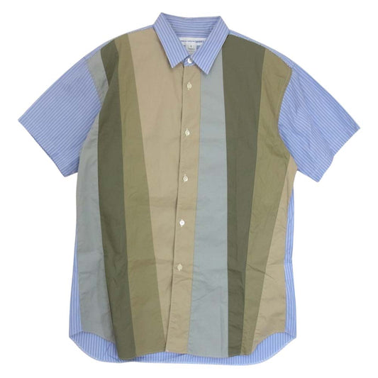 COMME des GARCONS コムデギャルソン SHIRT フランス製 S28061 Contrast Panel Short Sleeve Shirt Stripe/Mix パッチワーク ストライプ 半袖 シャツ ブルー系 ベージュ系 カーキ系【中古】