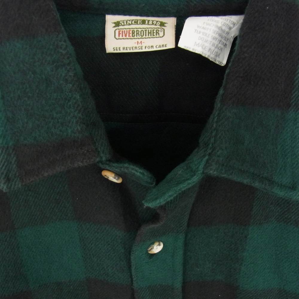 FIVE BROTHER ファイブブラザー 90s 襟芯入り ビンテージ ヘヴィ ネルシャツ チェック柄  グリーン グリーン系 M【中古】