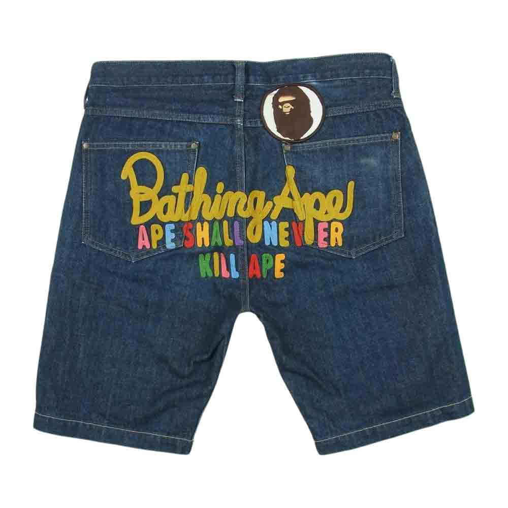 A BATHING APE アベイシングエイプ APE SHALL NEVER KILL APE 刺繍 ロゴ ワッペン デニム ハーフ パンツ インディゴブルー系 M【中古】
