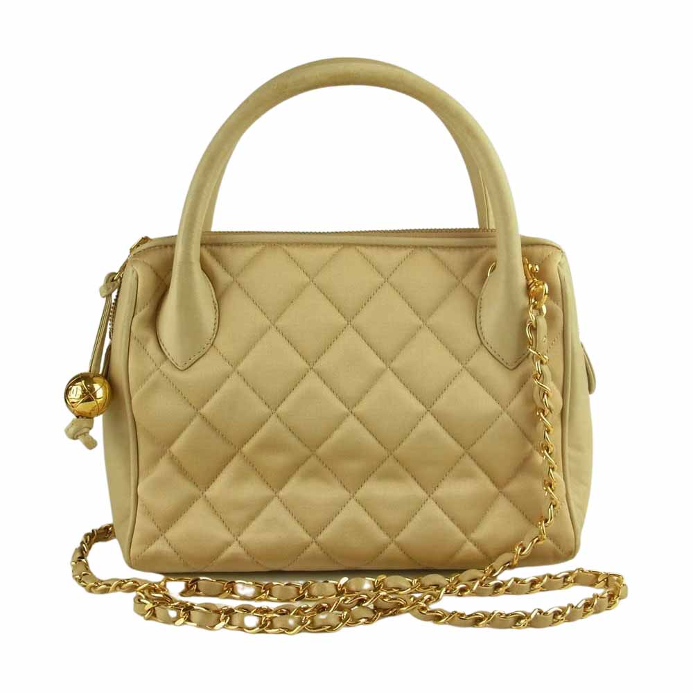 CHANEL シャネル サテン マトラッセ チェーン ショルダー バッグ ベージュ系【中古】