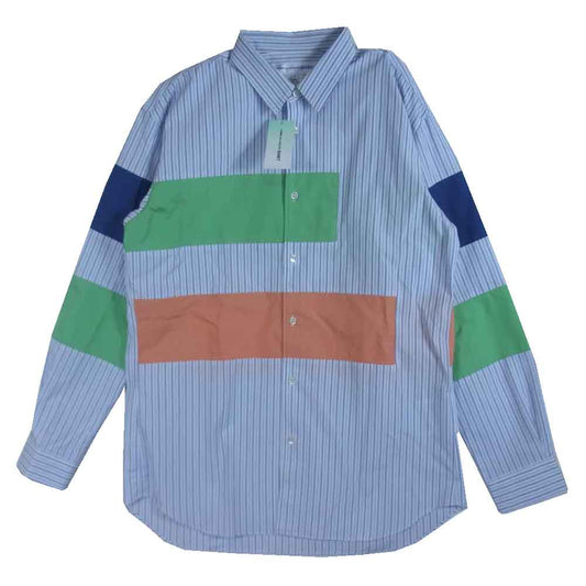 COMME des GARCONS コムデギャルソン SHIRT フランス製 21SS FG-B068 パッチワーク ストライプ 長袖 シャツ ライトブルー系 L【新古品】【未使用】【中古】