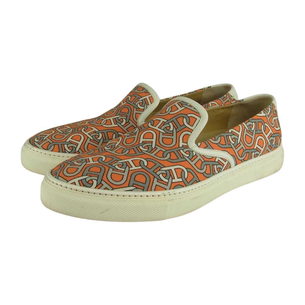 HERMES エルメス シェーヌダンクル 総柄 スリッポン オレンジ系 43【中古】