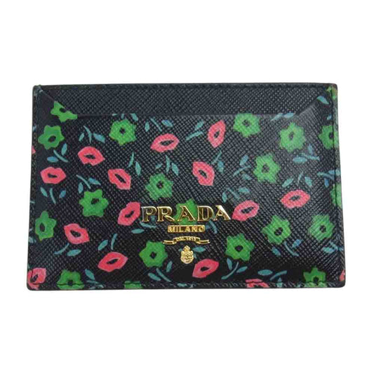 PRADA プラダ 1MC208 SAFFIANO ST.FLO フラワー総柄 レザー カードケース ブラック系 マルチカラー系【中古】