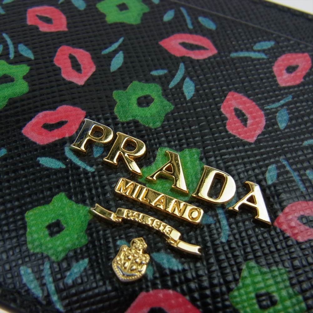 PRADA プラダ 1MC208 SAFFIANO ST.FLO フラワー総柄 レザー カードケース ブラック系 マルチカラー系【中古】