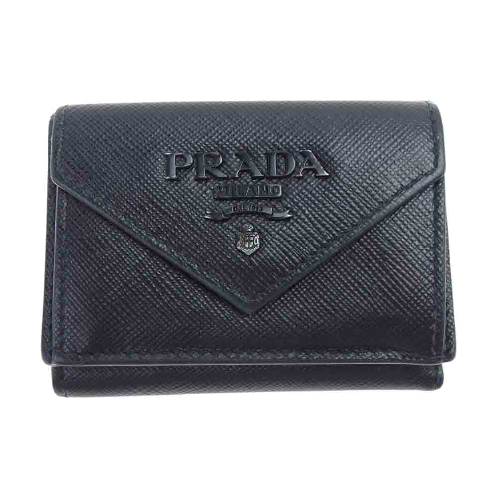 PRADA プラダ 1MH021 SAFFIANO LETTER サフィアーノ レザー 三つ折り コンパクト ウォレット ブラック系【中古】