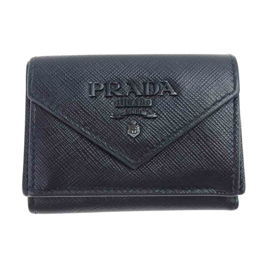 PRADA プラダ 1MH021 SAFFIANO LETTER サフィアーノ レザー 三つ折り コンパクト ウォレット ブラック系【中古】