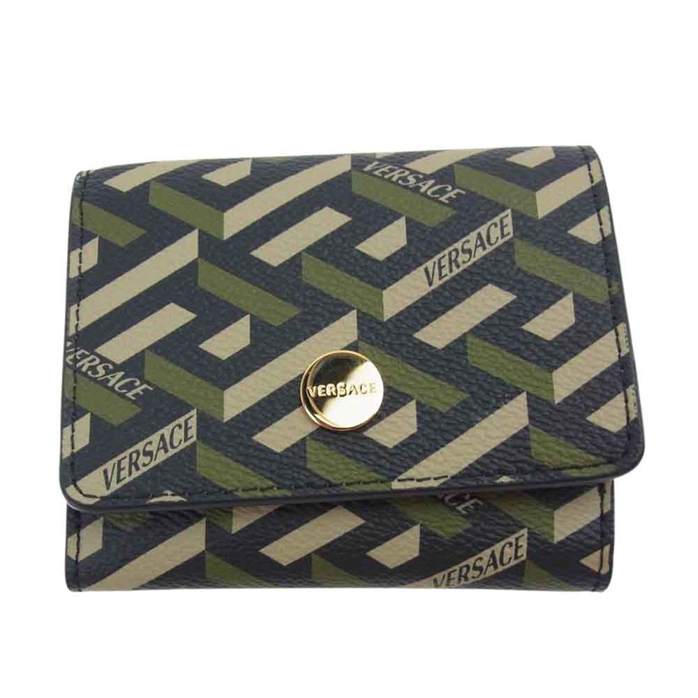 VERSACE ヴェルサーチ 1002243 1A01444 5B15V ラ グレカ シグネチャー 三つ折り コンパクト ウォレット  ブラック系 カーキ系【美品】【中古】