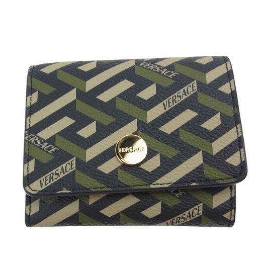 VERSACE ヴェルサーチ 1002243 1A01444 5B15V ラ グレカ シグネチャー 三つ折り コンパクト ウォレット  ブラック系 カーキ系【美品】【中古】