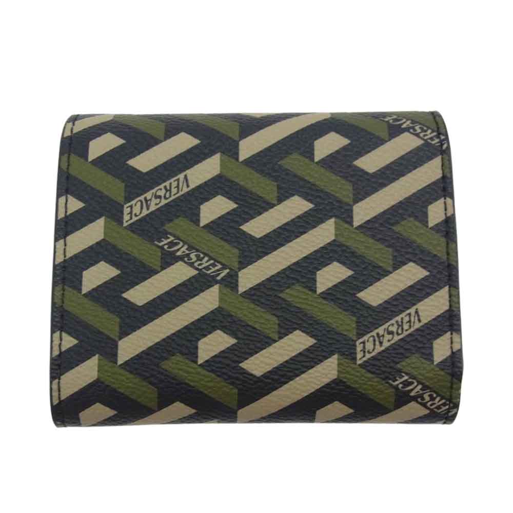 VERSACE ヴェルサーチ 1002243 1A01444 5B15V ラ グレカ シグネチャー 三つ折り コンパクト ウォレット  ブラック系 カーキ系【美品】【中古】