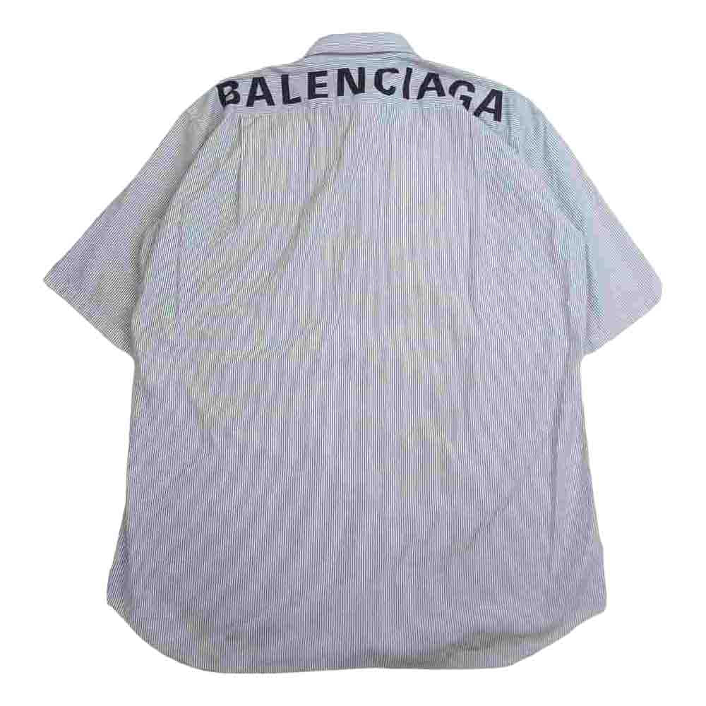 BALENCIAGA バレンシアガ 国内正規品 19SS 556913 ストライプ バックロゴプリント ボタンダウン オーバーサイズ 半袖 シャツ ブラック系 ホワイト系 39【中古】