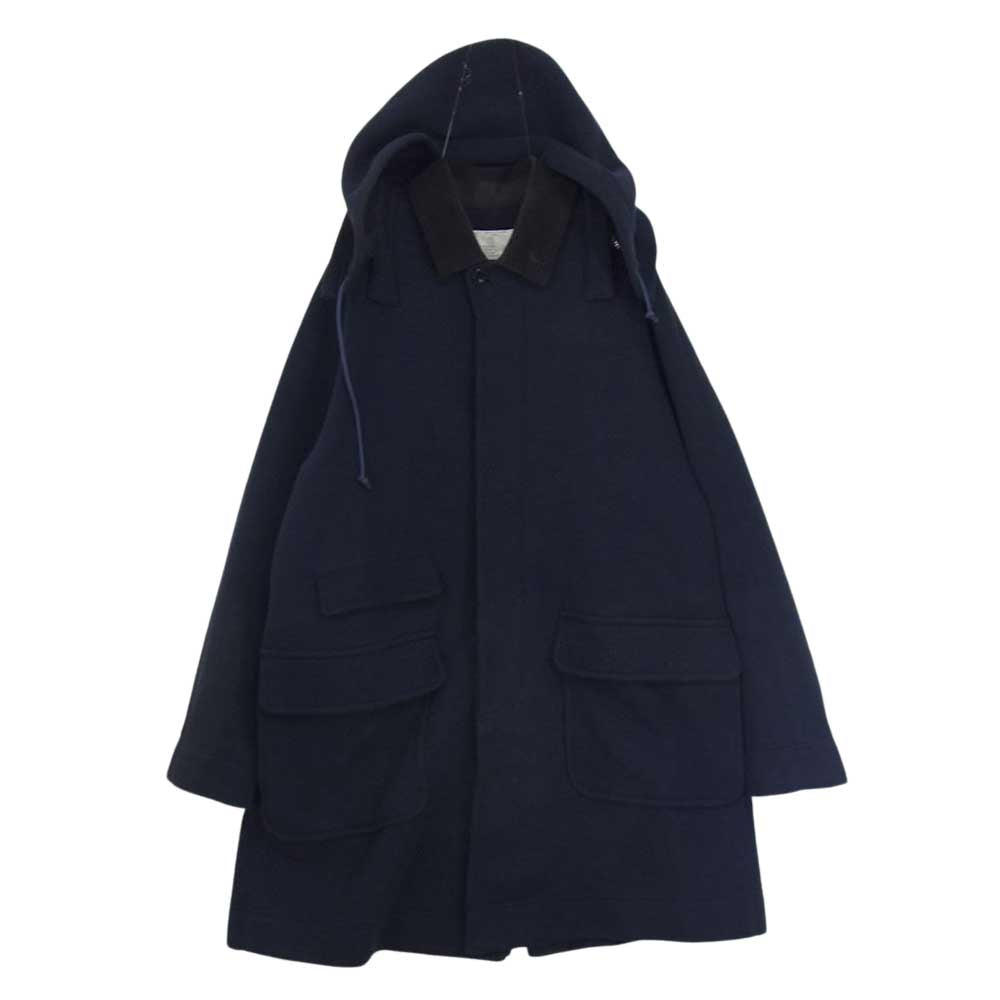 Sacai サカイ 16-01032M 襟コーデュロイ スウェット パーカー フード ボンディング スウェット ステンカラー コート ネイビー系 2【中古】