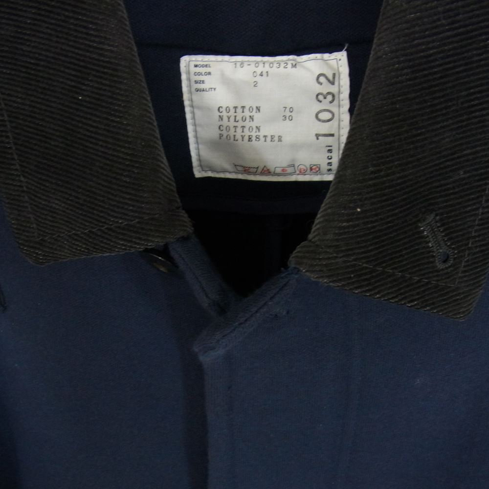 Sacai サカイ 16-01032M 襟コーデュロイ スウェット パーカー フード ボンディング スウェット ステンカラー コート ネイビー系 2【中古】