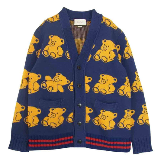 GUCCI グッチ 442638 X1357 国内正規品 Teddy Bear Jacquard Wool Cardigan テディベア ジャカード ウール カーディガン ブルー系 L【中古】