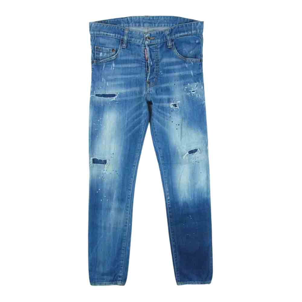 DSQUARED2 ディースクエアード ジャパンタグ S74LB0517 S30342 ACID GREEN SPOTS WASH SKINNY DAN ダメージ ペイント加工 スキニー デニム パンツ インディゴブルー系 46【中古】
