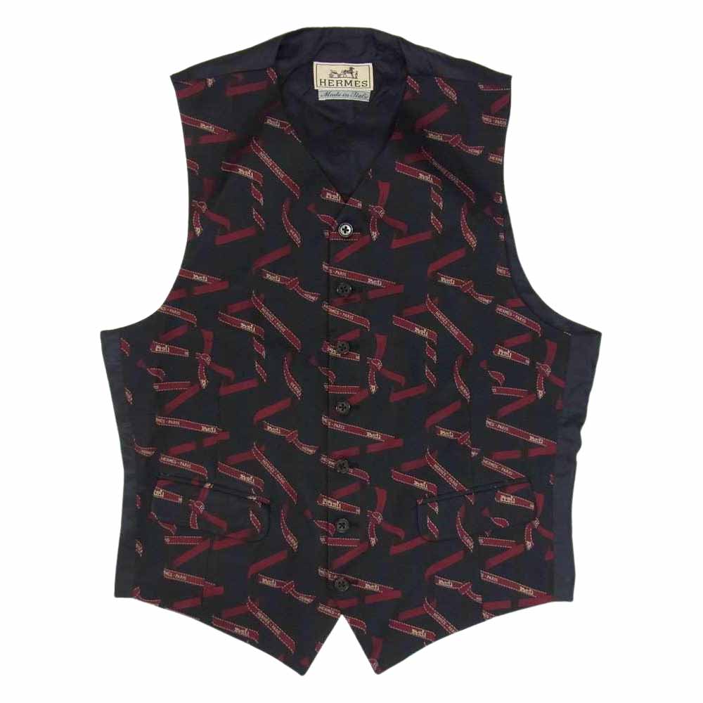 HERMES エルメス 国内正規品 GL907 シルク100% ロゴリボン総柄 ベスト ネイビー系 48【中古】