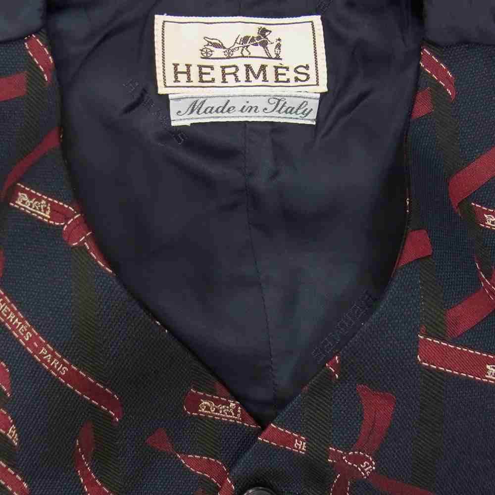 HERMES エルメス 国内正規品 GL907 シルク100% ロゴリボン総柄 ベスト ネイビー系 48【中古】